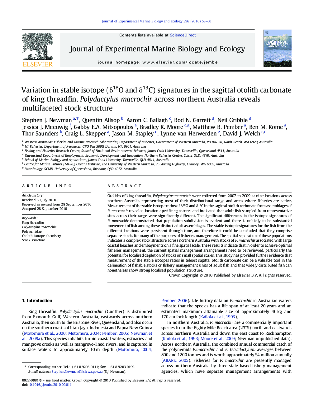 Variation in stable isotope (Î´18O and Î´13C) signatures in the sagittal otolith carbonate of king threadfin, Polydactylus macrochir across northern Australia reveals multifaceted stock structure