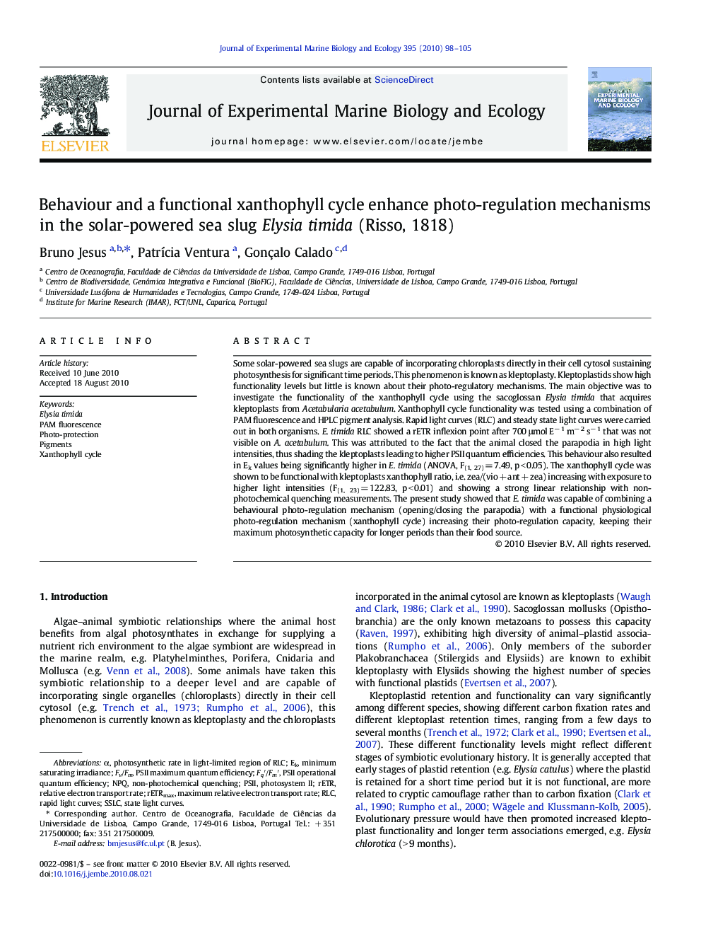 Behaviour and a functional xanthophyll cycle enhance photo-regulation mechanisms in the solar-powered sea slug Elysia timida (Risso, 1818)