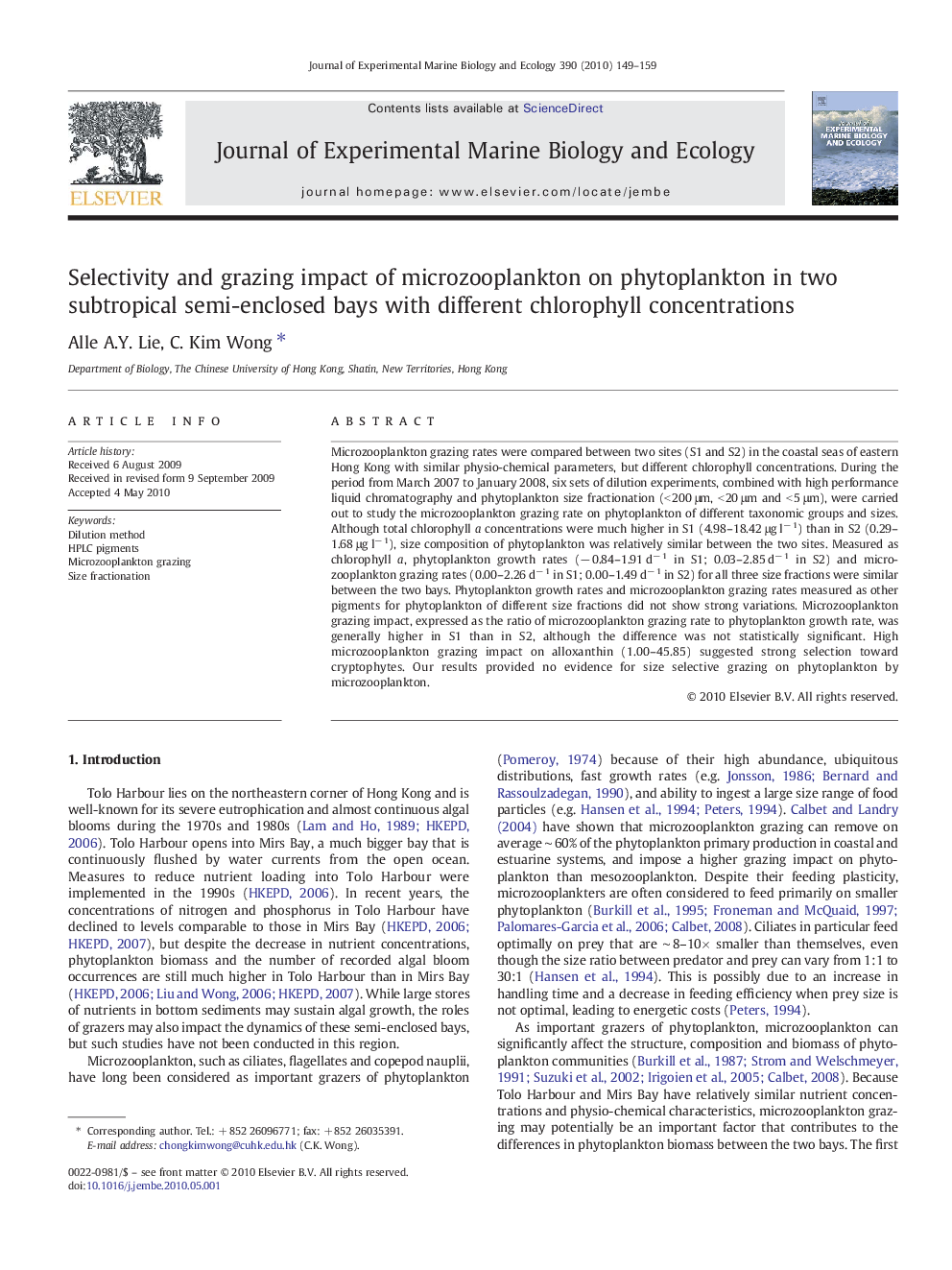 Selectivity and grazing impact of microzooplankton on phytoplankton in two subtropical semi-enclosed bays with different chlorophyll concentrations