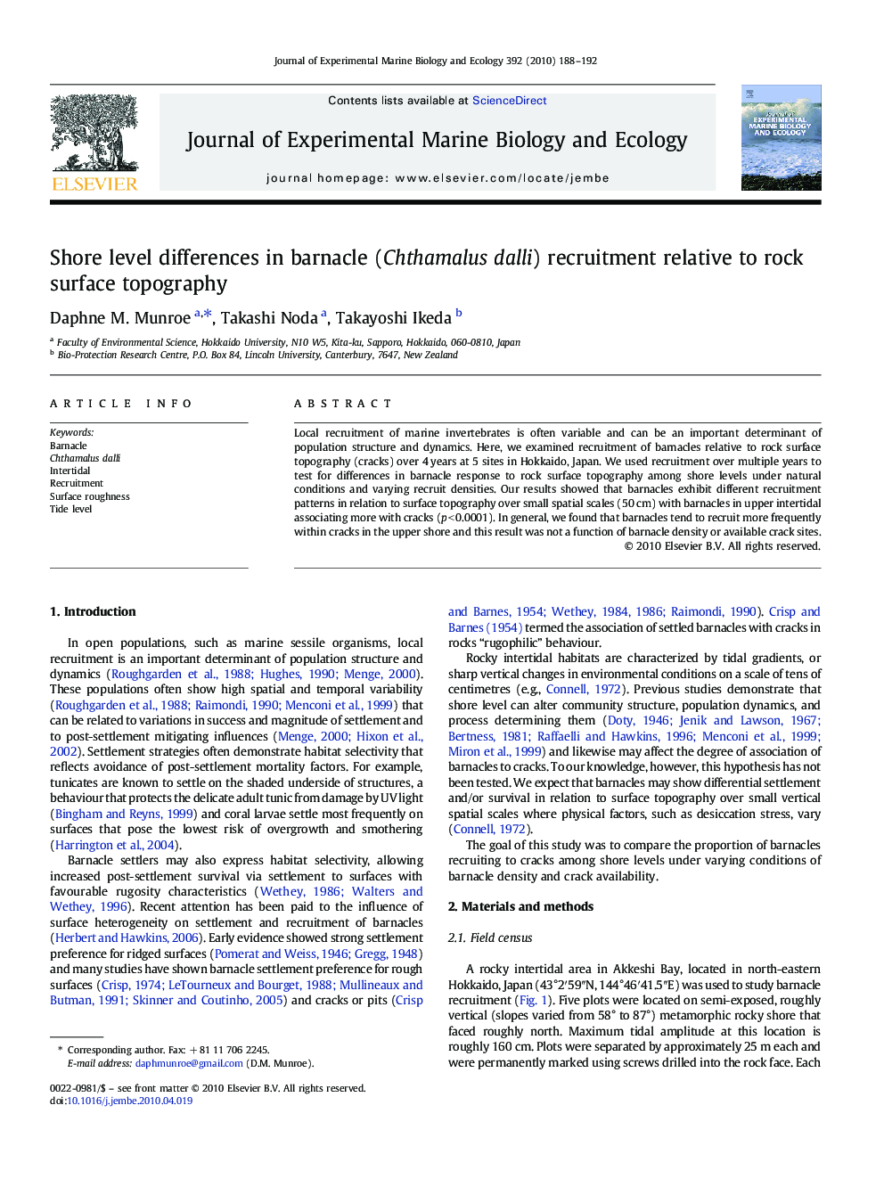 Shore level differences in barnacle (Chthamalus dalli) recruitment relative to rock surface topography