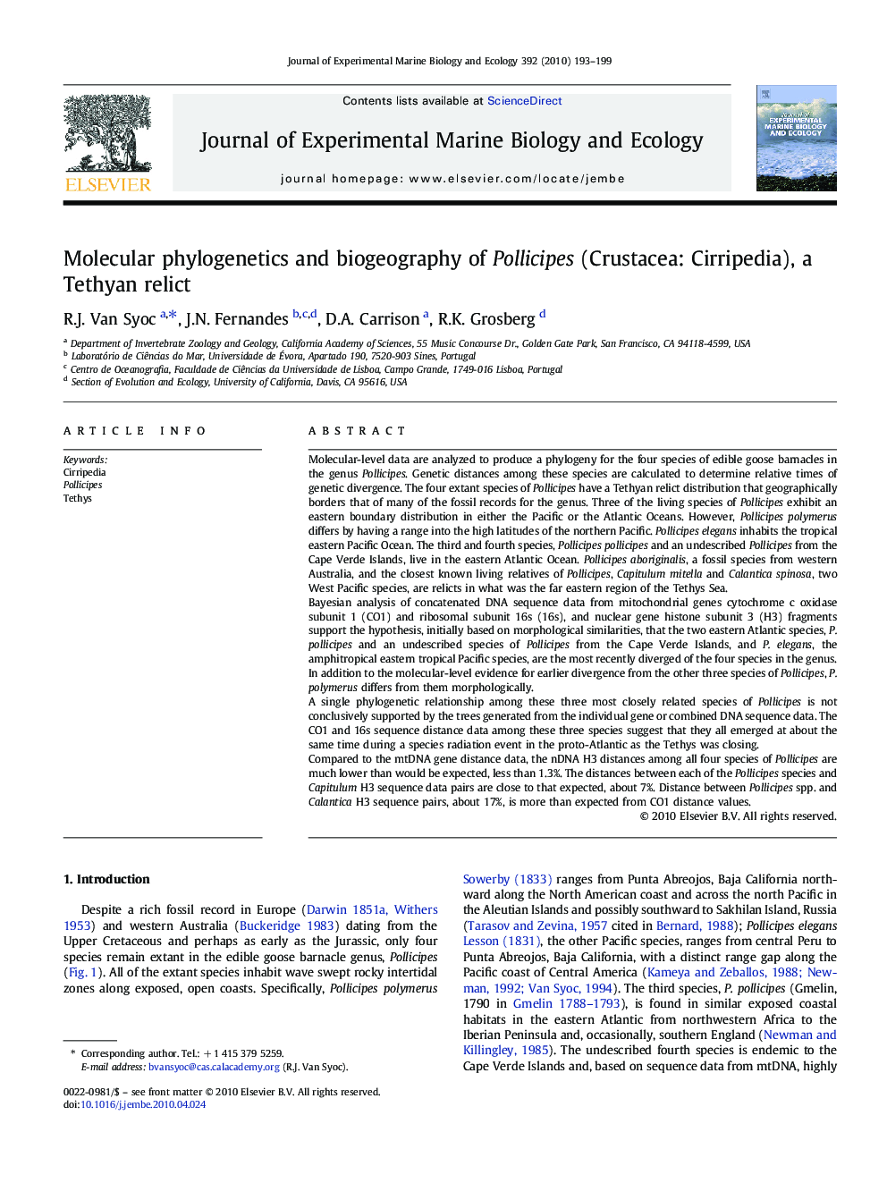 Molecular phylogenetics and biogeography of Pollicipes (Crustacea: Cirripedia), a Tethyan relict