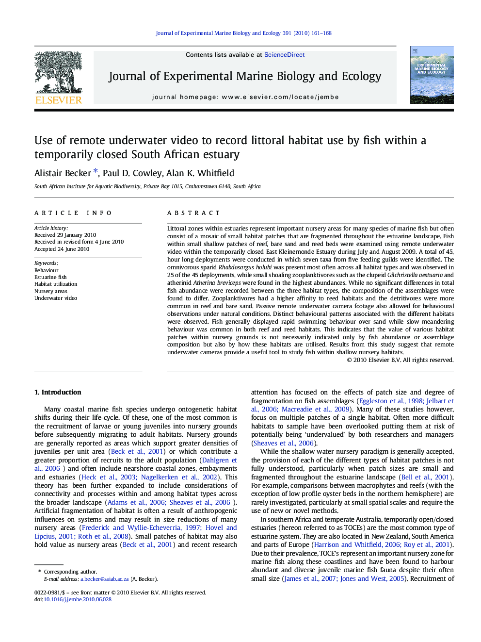 Use of remote underwater video to record littoral habitat use by fish within a temporarily closed South African estuary