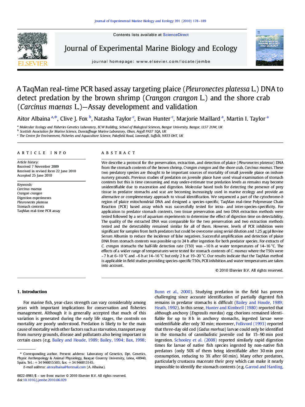 A TaqMan real-time PCR based assay targeting plaice (Pleuronectes platessa L.) DNA to detect predation by the brown shrimp (Crangon crangon L.) and the shore crab (Carcinus maenas L.)—Assay development and validation