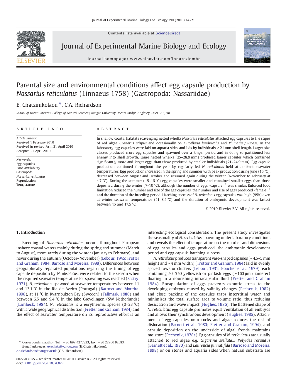 Parental size and environmental conditions affect egg capsule production by Nassarius reticulatus (Linnaeus 1758) (Gastropoda: Nassariidae)