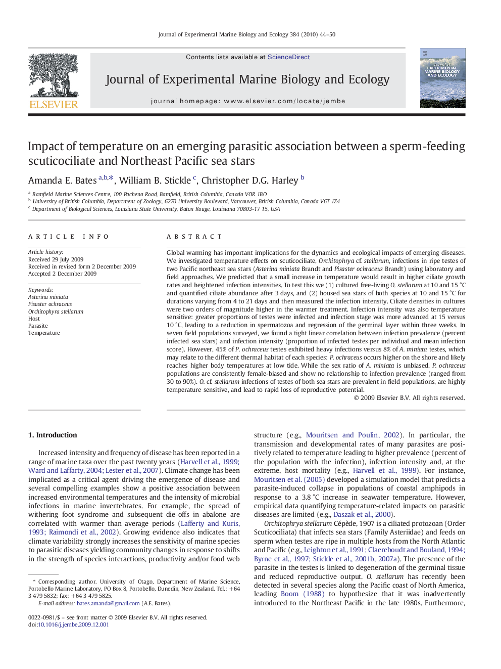 Impact of temperature on an emerging parasitic association between a sperm-feeding scuticociliate and Northeast Pacific sea stars