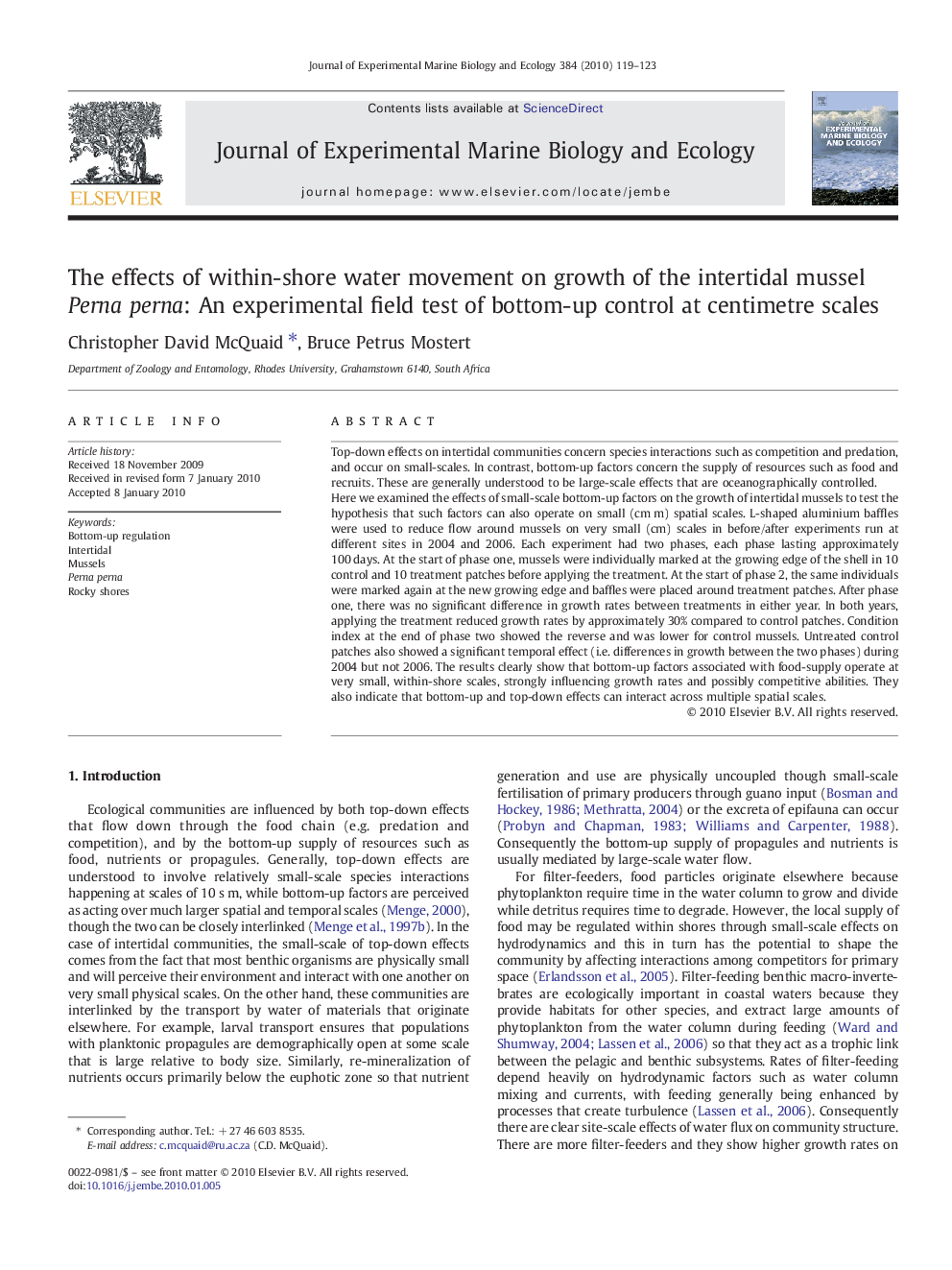 The effects of within-shore water movement on growth of the intertidal mussel Perna perna: An experimental field test of bottom-up control at centimetre scales