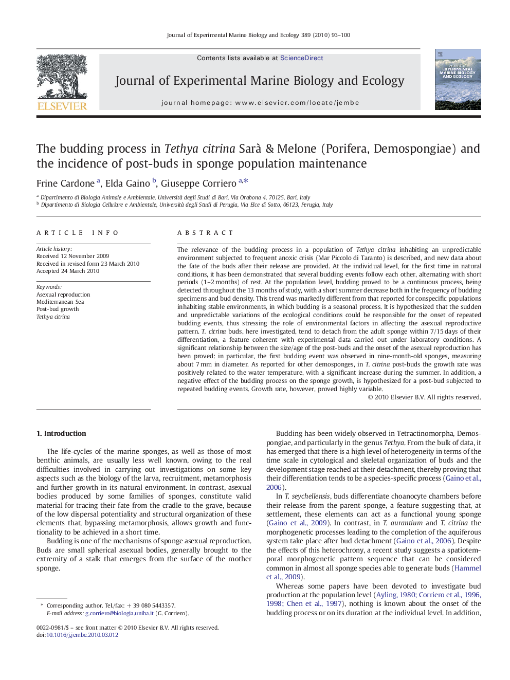 The budding process in Tethya citrina Sarà & Melone (Porifera, Demospongiae) and the incidence of post-buds in sponge population maintenance