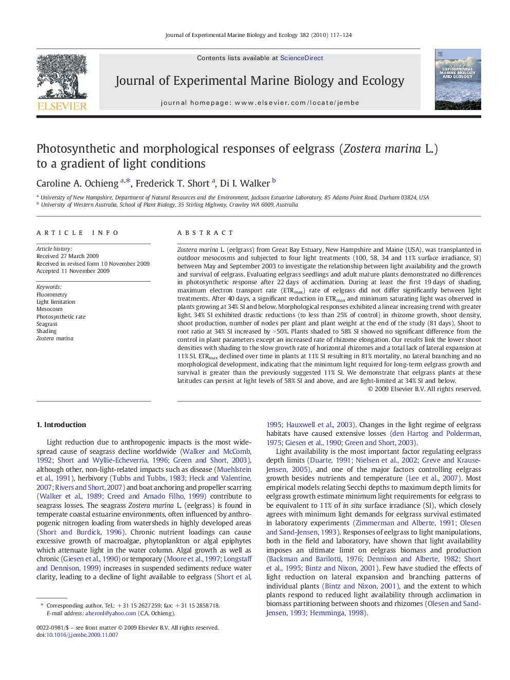 Photosynthetic and morphological responses of eelgrass (Zostera marina L.) to a gradient of light conditions