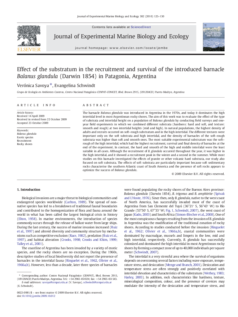 Effect of the substratum in the recruitment and survival of the introduced barnacle Balanus glandula (Darwin 1854) in Patagonia, Argentina