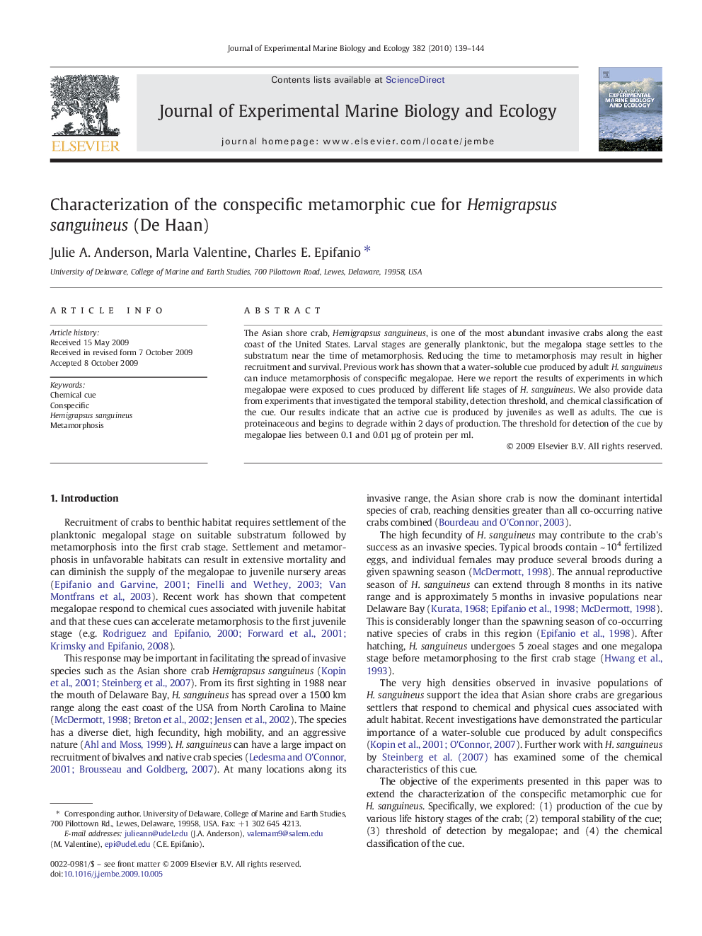 Characterization of the conspecific metamorphic cue for Hemigrapsus sanguineus (De Haan)