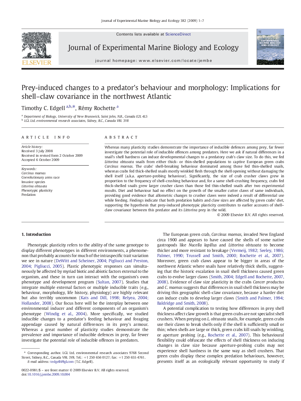 Prey-induced changes to a predator's behaviour and morphology: Implications for shell–claw covariance in the northwest Atlantic