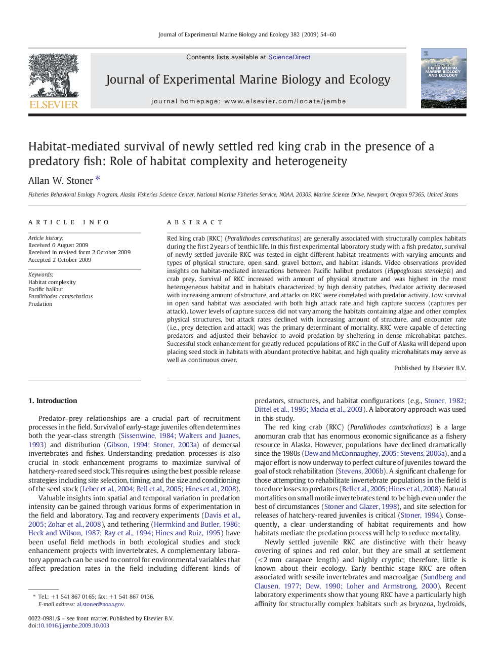 Habitat-mediated survival of newly settled red king crab in the presence of a predatory fish: Role of habitat complexity and heterogeneity