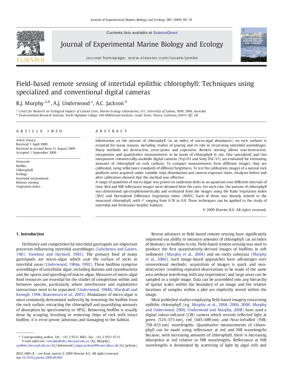 Field-based remote sensing of intertidal epilithic chlorophyll: Techniques using specialized and conventional digital cameras