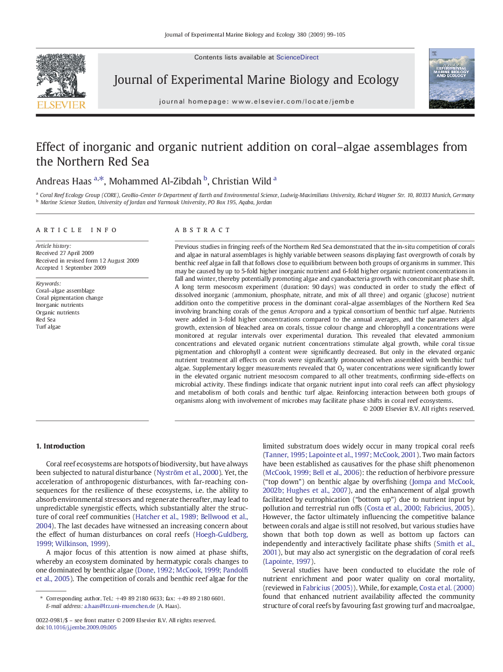 Effect of inorganic and organic nutrient addition on coral–algae assemblages from the Northern Red Sea