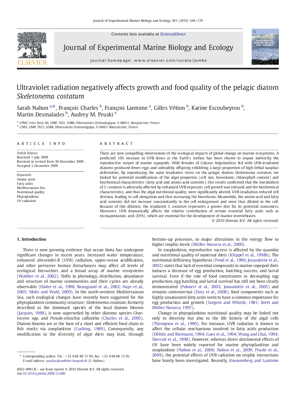 Ultraviolet radiation negatively affects growth and food quality of the pelagic diatom Skeletonema costatum