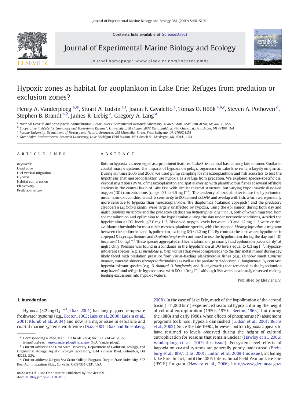 Hypoxic zones as habitat for zooplankton in Lake Erie: Refuges from predation or exclusion zones?