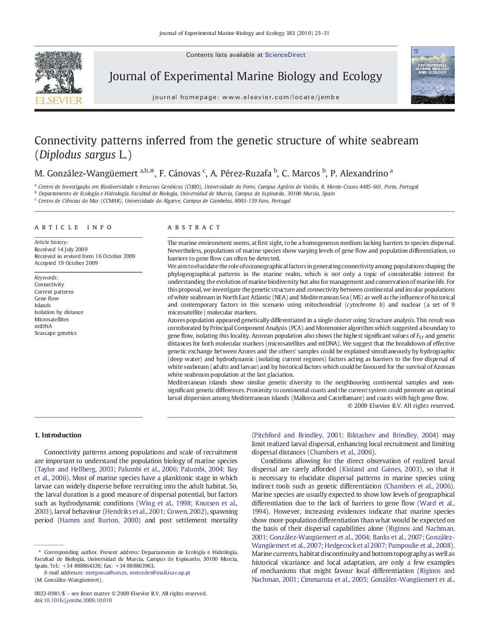 Connectivity patterns inferred from the genetic structure of white seabream (Diplodus sargus L.)