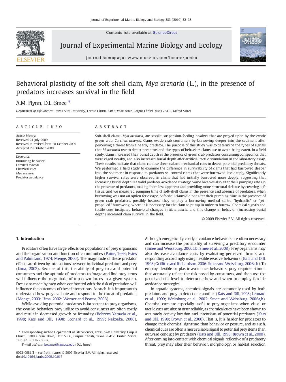 Behavioral plasticity of the soft-shell clam, Mya arenaria (L.), in the presence of predators increases survival in the field