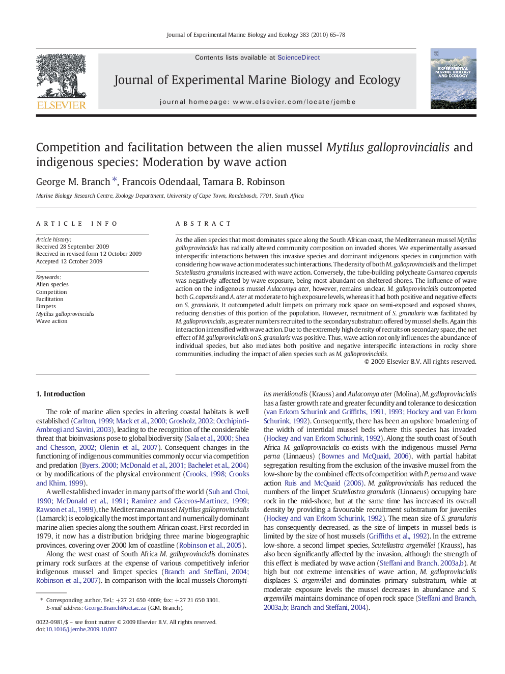 Competition and facilitation between the alien mussel Mytilus galloprovincialis and indigenous species: Moderation by wave action