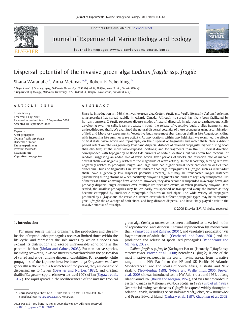 Dispersal potential of the invasive green alga Codium fragile ssp. fragile