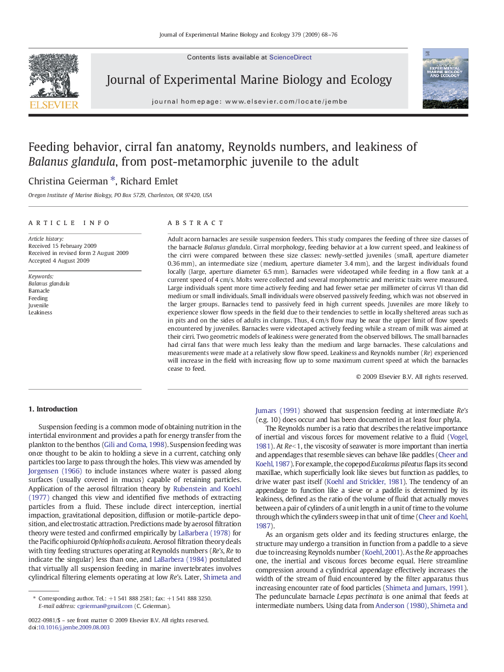 Feeding behavior, cirral fan anatomy, Reynolds numbers, and leakiness of Balanus glandula, from post-metamorphic juvenile to the adult