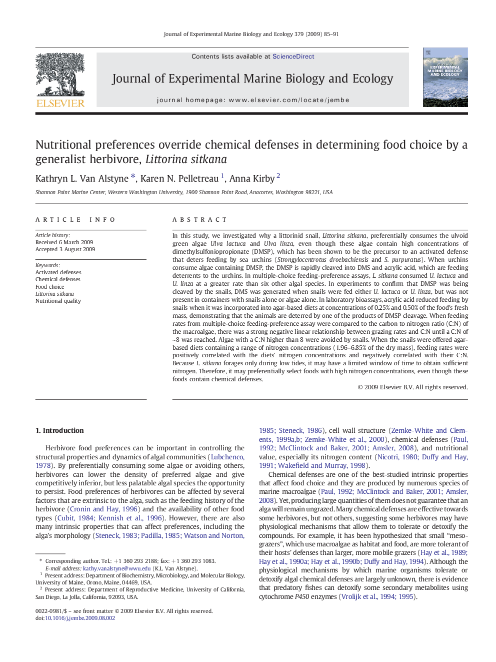 Nutritional preferences override chemical defenses in determining food choice by a generalist herbivore, Littorina sitkana