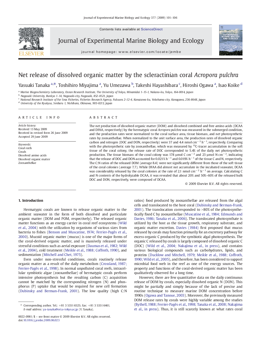 Net release of dissolved organic matter by the scleractinian coral Acropora pulchra