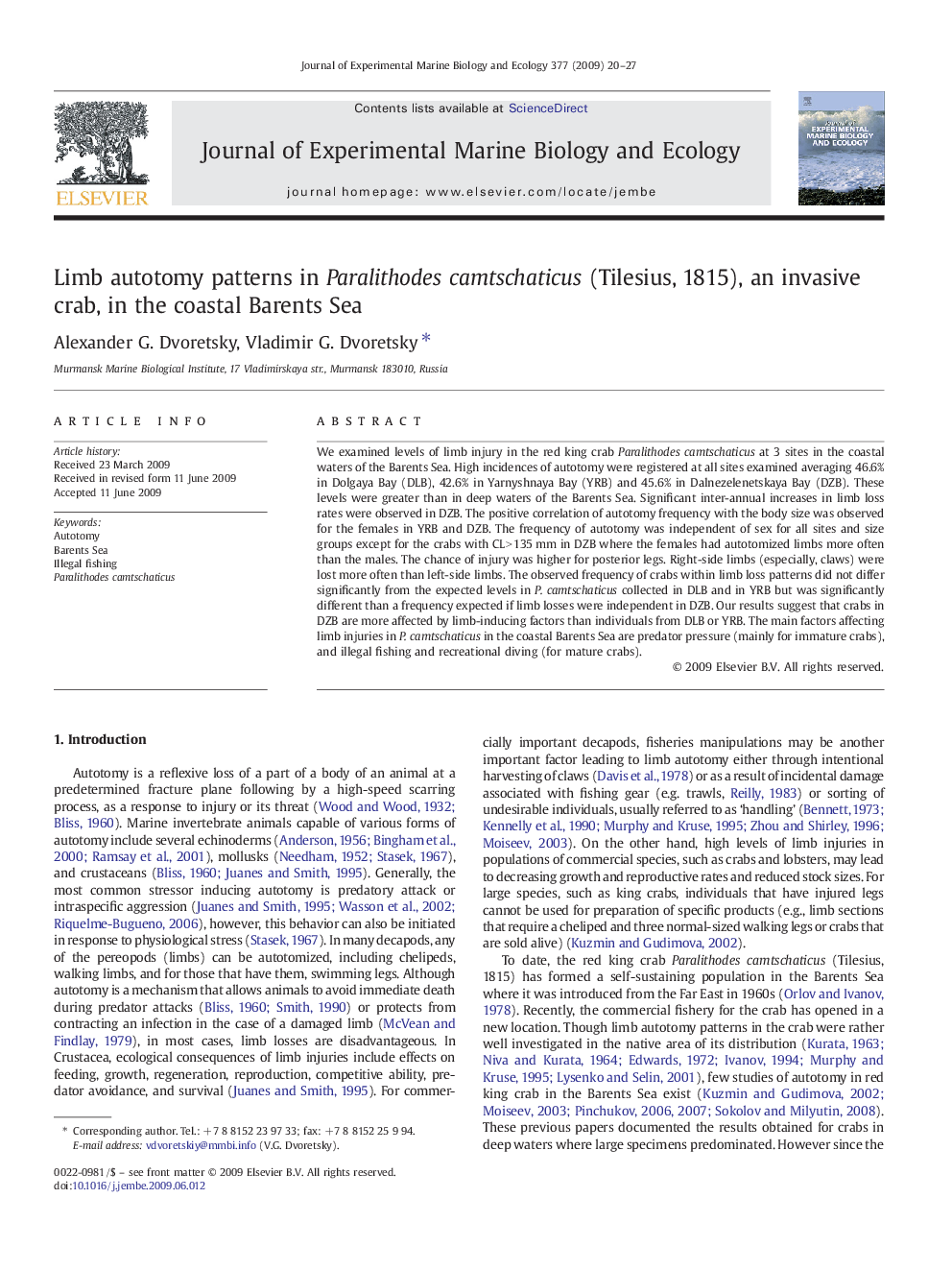 Limb autotomy patterns in Paralithodes camtschaticus (Tilesius, 1815), an invasive crab, in the coastal Barents Sea