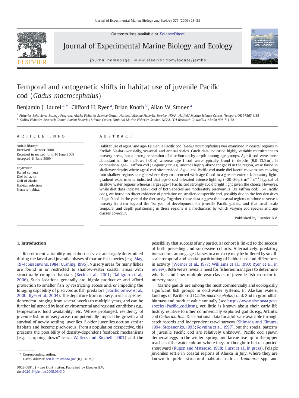 Temporal and ontogenetic shifts in habitat use of juvenile Pacific cod (Gadus macrocephalus)