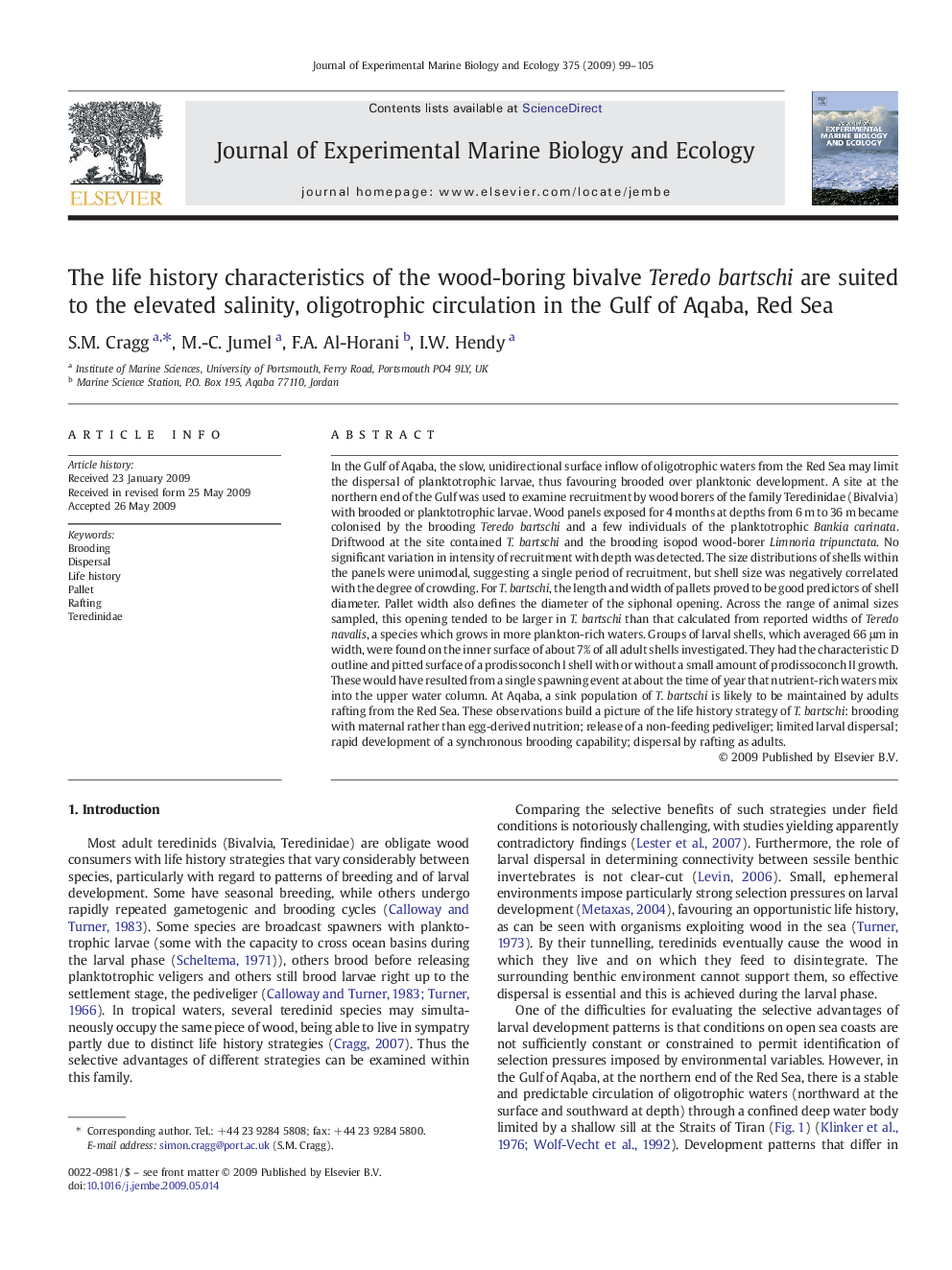 The life history characteristics of the wood-boring bivalve Teredo bartschi are suited to the elevated salinity, oligotrophic circulation in the Gulf of Aqaba, Red Sea