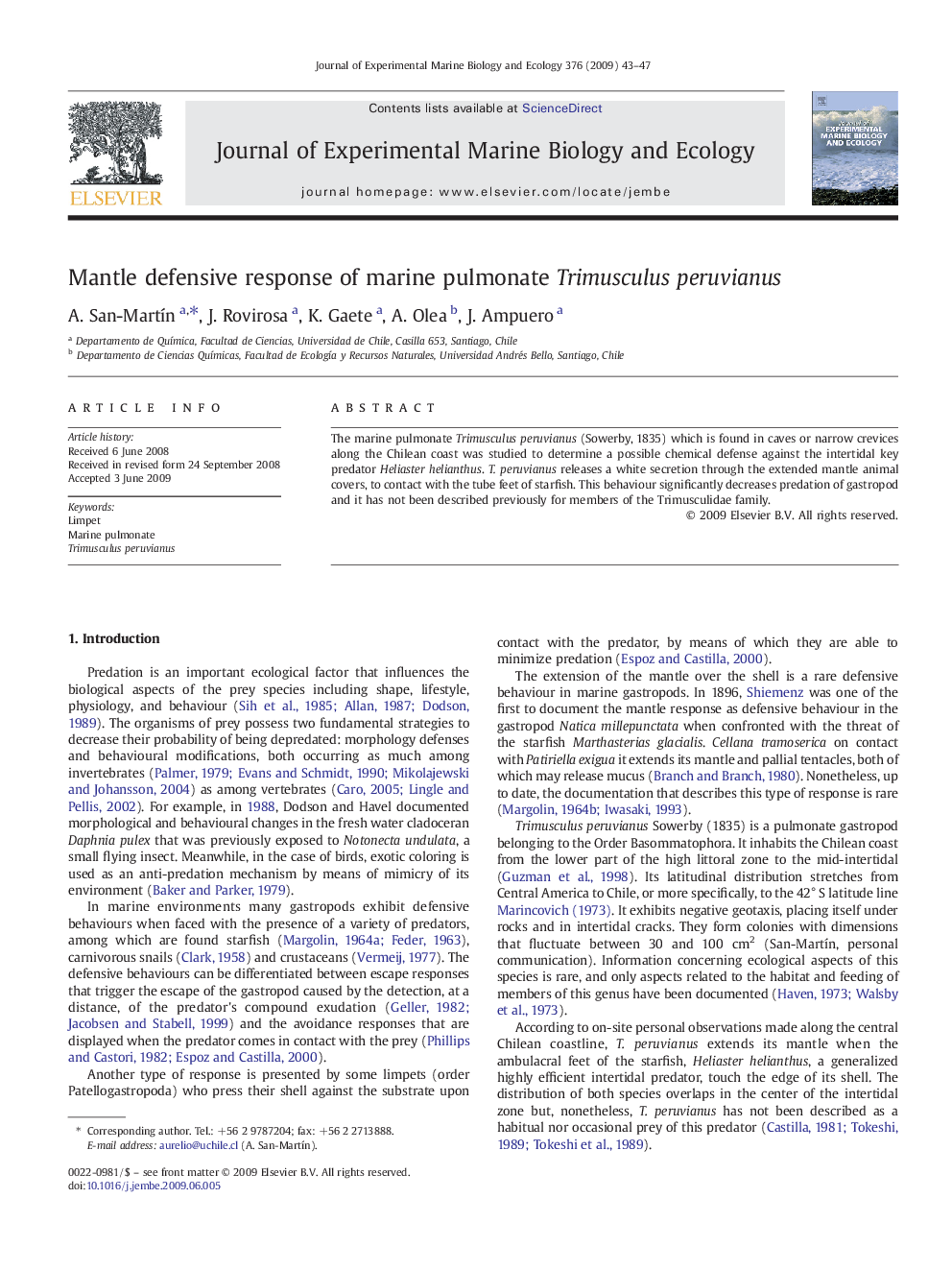 Mantle defensive response of marine pulmonate Trimusculus peruvianus