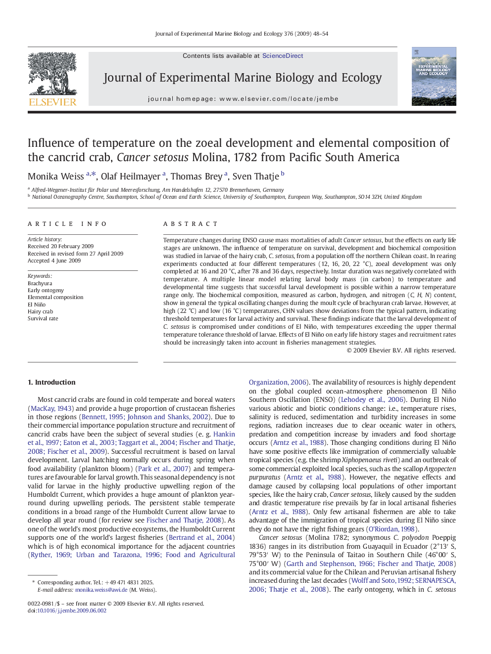 Influence of temperature on the zoeal development and elemental composition of the cancrid crab, Cancer setosus Molina, 1782 from Pacific South America