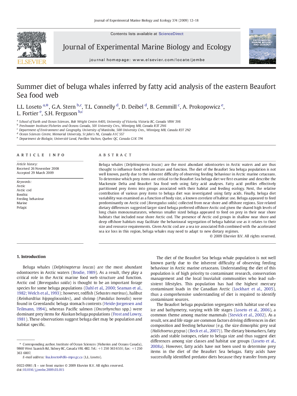 Summer diet of beluga whales inferred by fatty acid analysis of the eastern Beaufort Sea food web