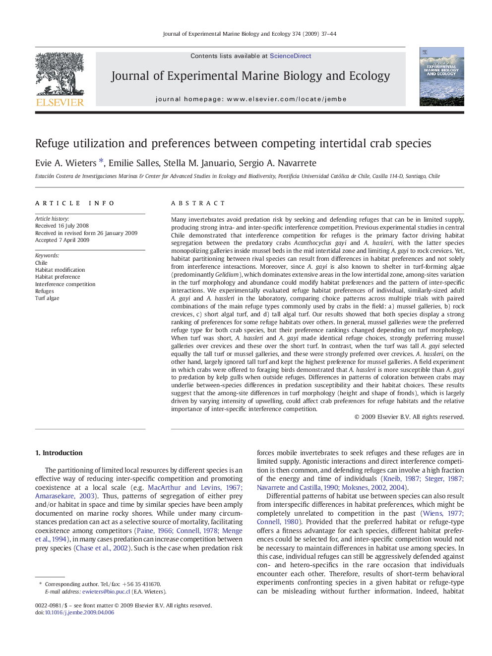 Refuge utilization and preferences between competing intertidal crab species