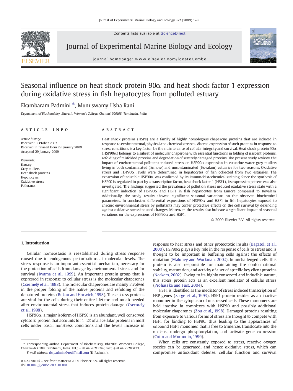 Seasonal influence on heat shock protein 90Î± and heat shock factor 1 expression during oxidative stress in fish hepatocytes from polluted estuary