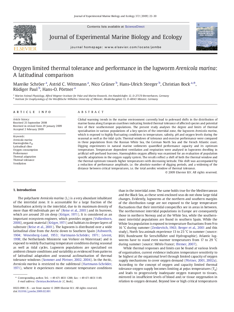 Oxygen limited thermal tolerance and performance in the lugworm Arenicola marina: A latitudinal comparison