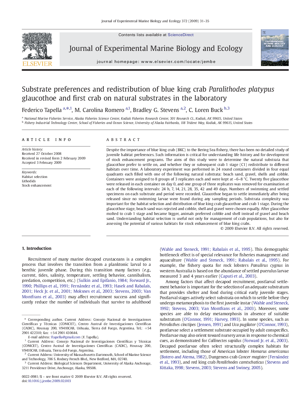 Substrate preferences and redistribution of blue king crab Paralithodes platypus glaucothoe and first crab on natural substrates in the laboratory