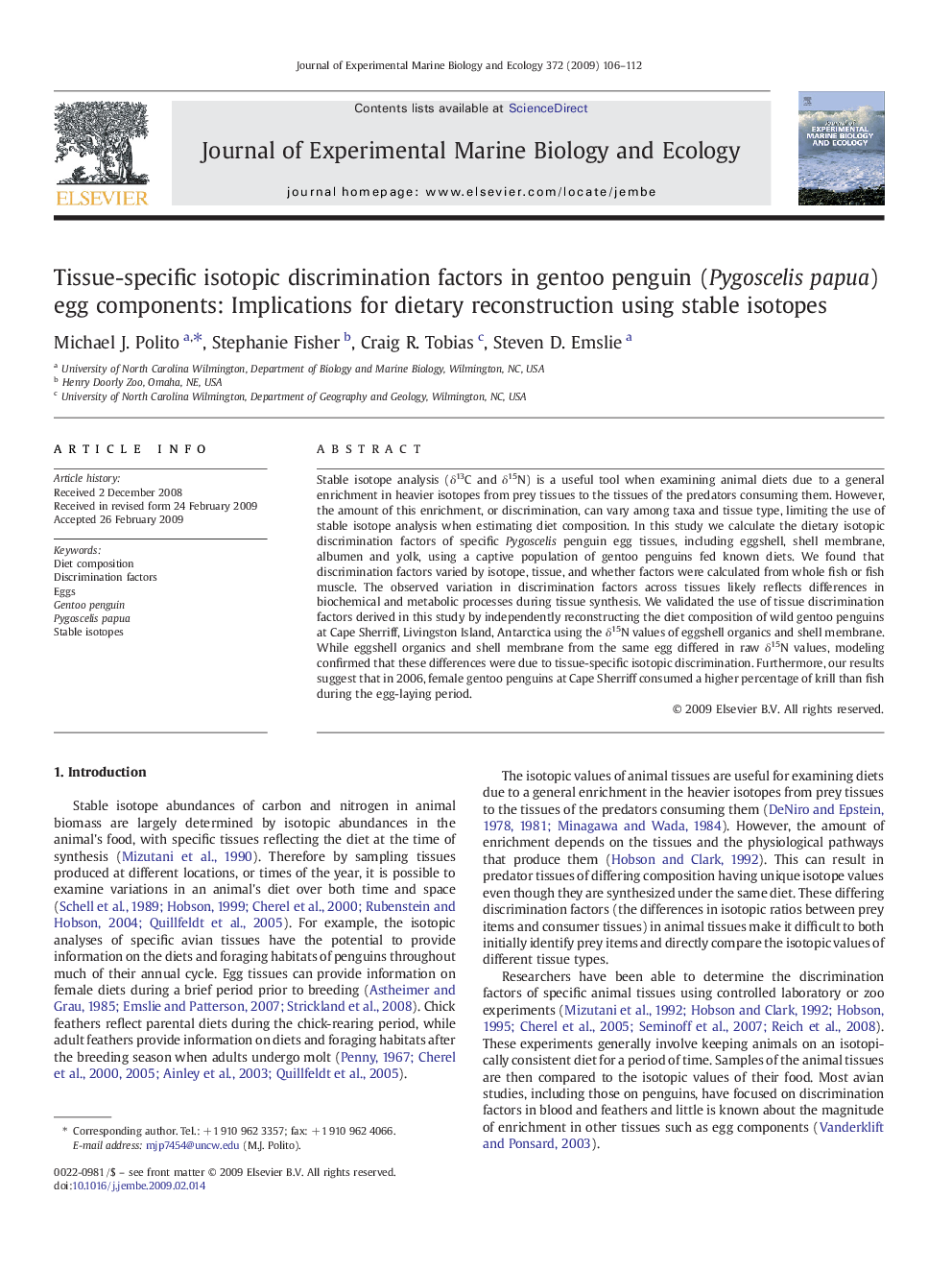 Tissue-specific isotopic discrimination factors in gentoo penguin (Pygoscelis papua) egg components: Implications for dietary reconstruction using stable isotopes