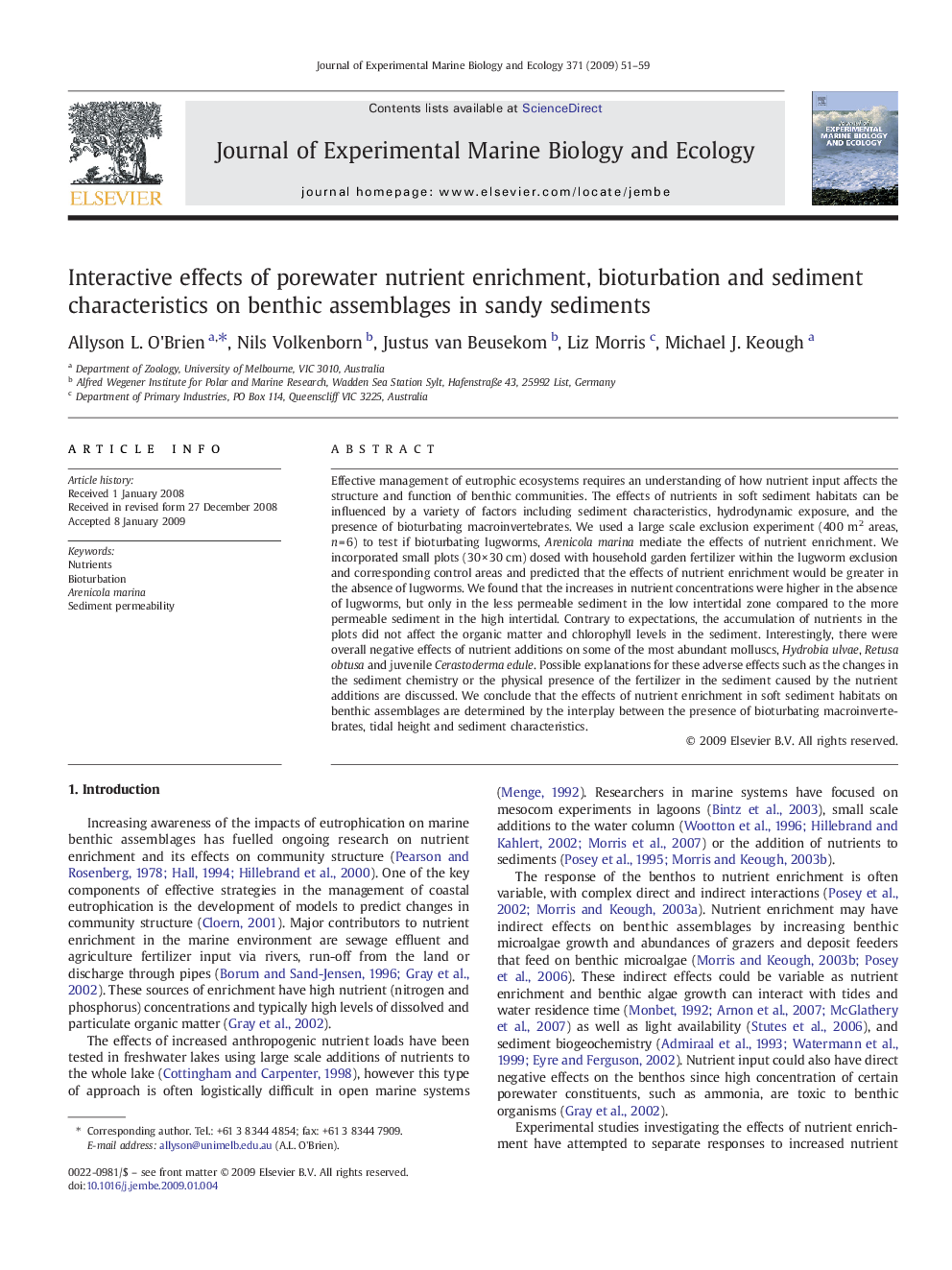 Interactive effects of porewater nutrient enrichment, bioturbation and sediment characteristics on benthic assemblages in sandy sediments