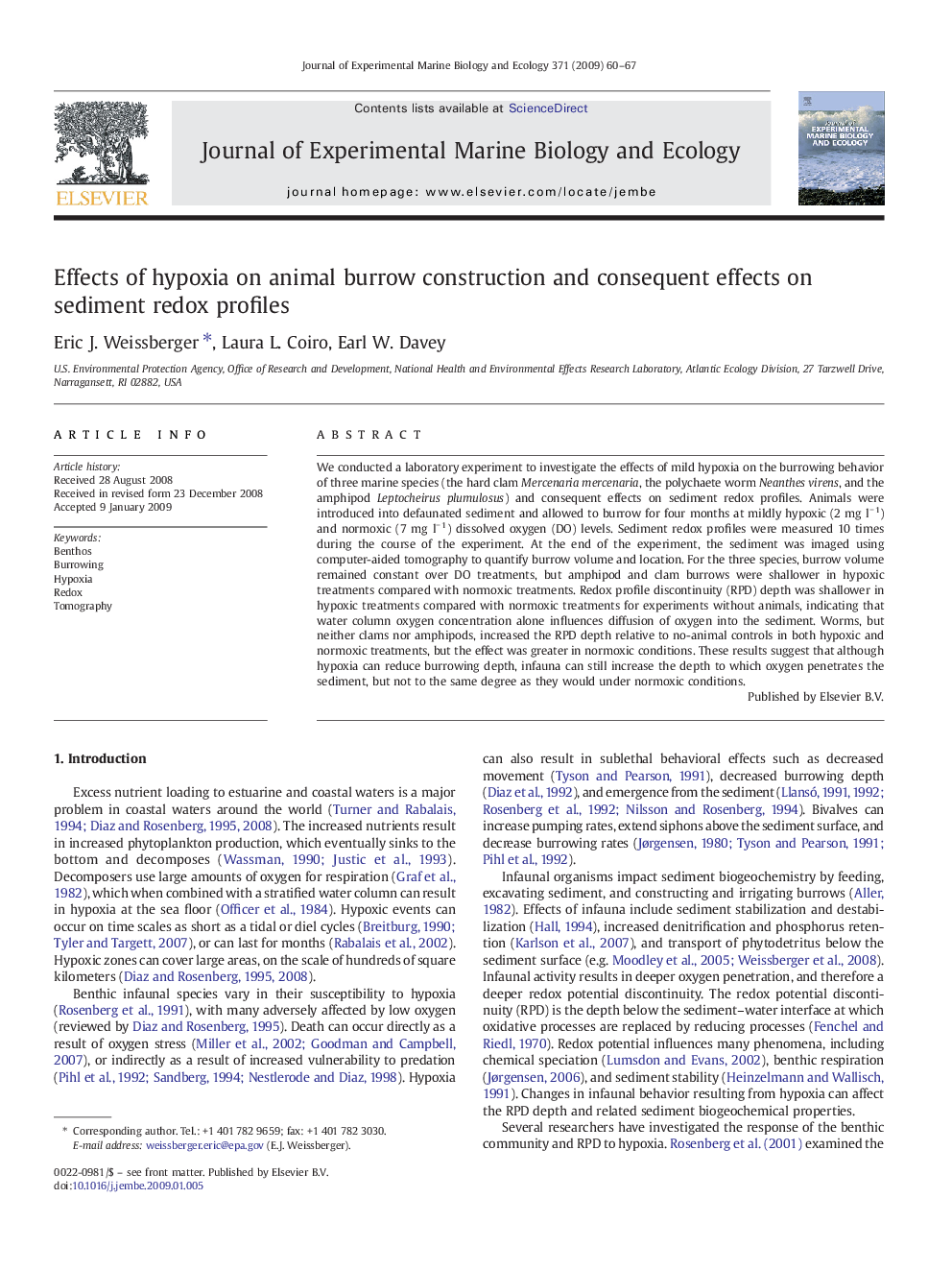 عکس صفحه اول مقاله: Effects of hypoxia on animal burrow construction and consequent effects on sediment redox profiles Effects of hypoxia on animal burrow construction and consequent effects on sediment redox profiles