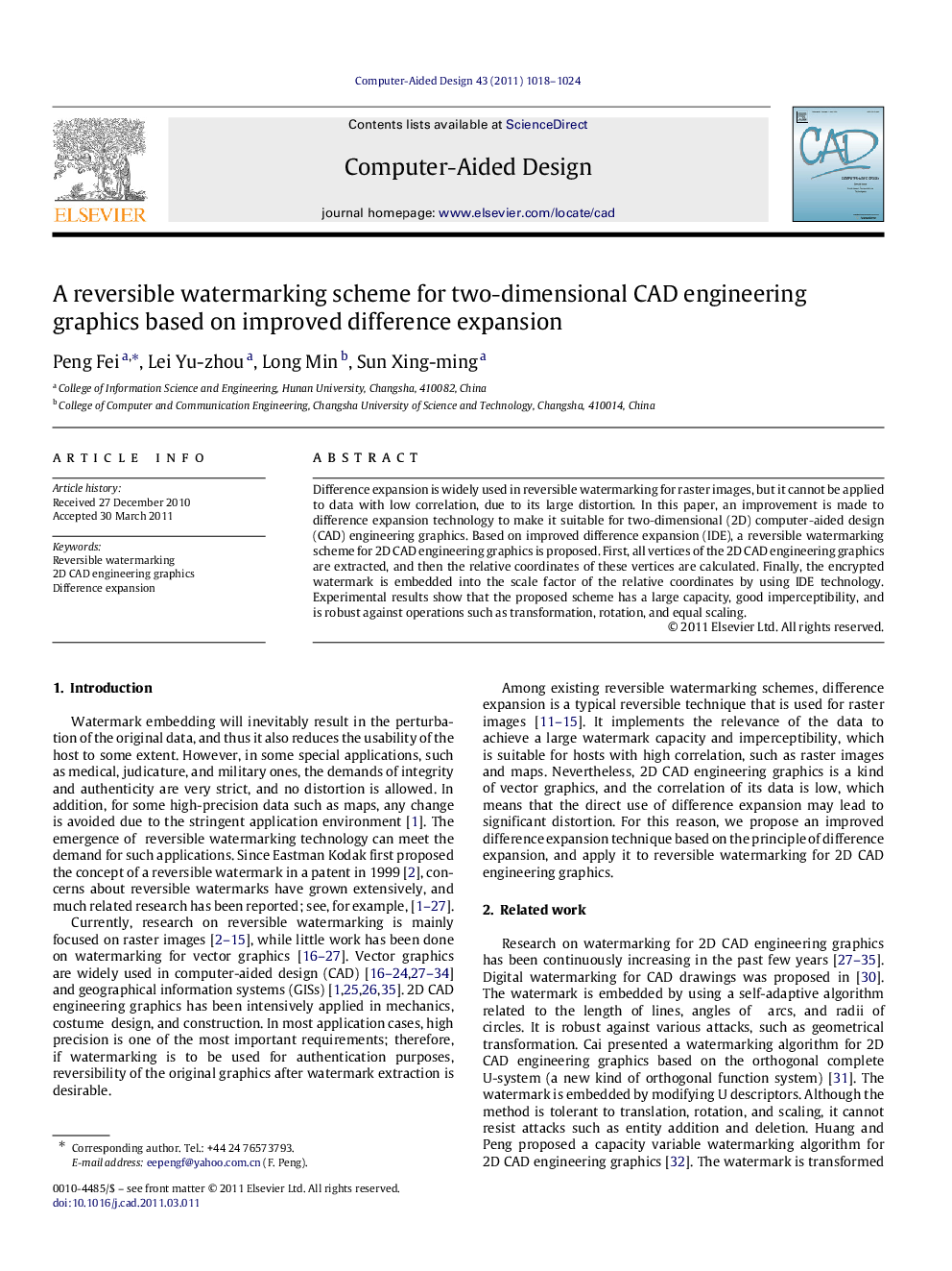 A reversible watermarking scheme for two-dimensional CAD engineering graphics based on improved difference expansion