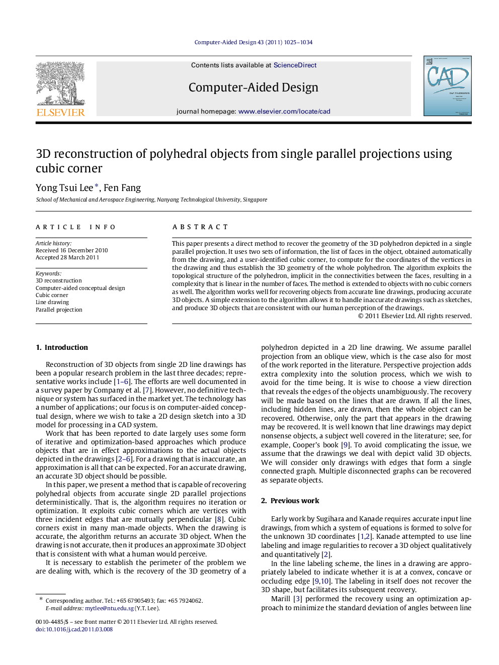 3D reconstruction of polyhedral objects from single parallel projections using cubic corner