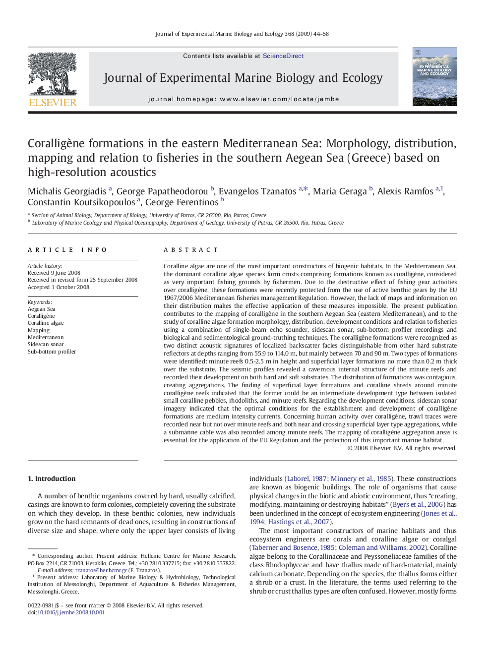 Coralligène formations in the eastern Mediterranean Sea: Morphology, distribution, mapping and relation to fisheries in the southern Aegean Sea (Greece) based on high-resolution acoustics