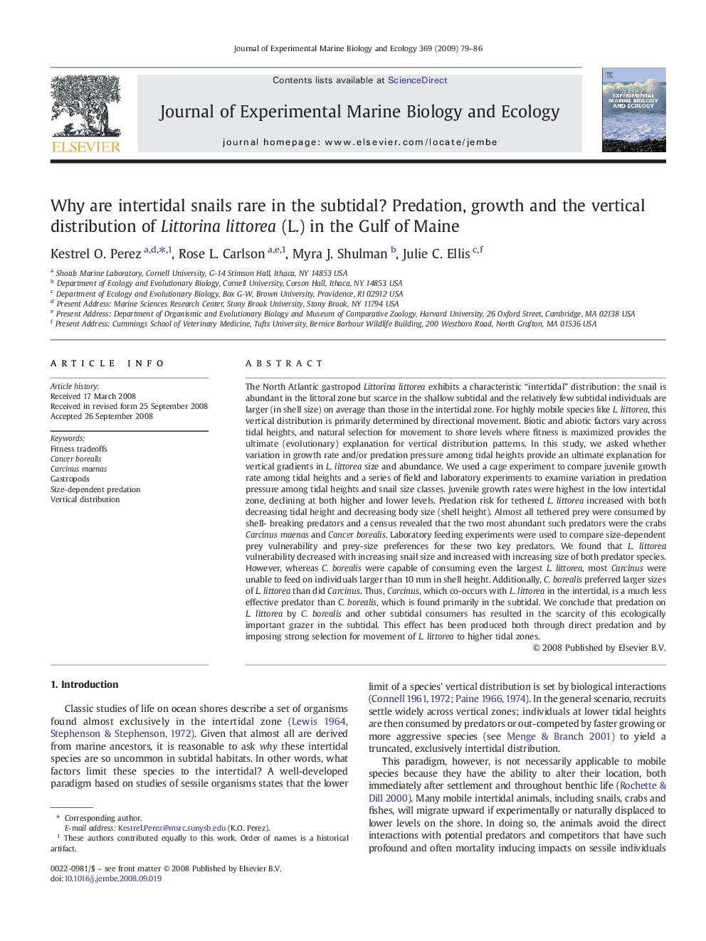 Why are intertidal snails rare in the subtidal? Predation, growth and the vertical distribution of Littorina littorea (L.) in the Gulf of Maine