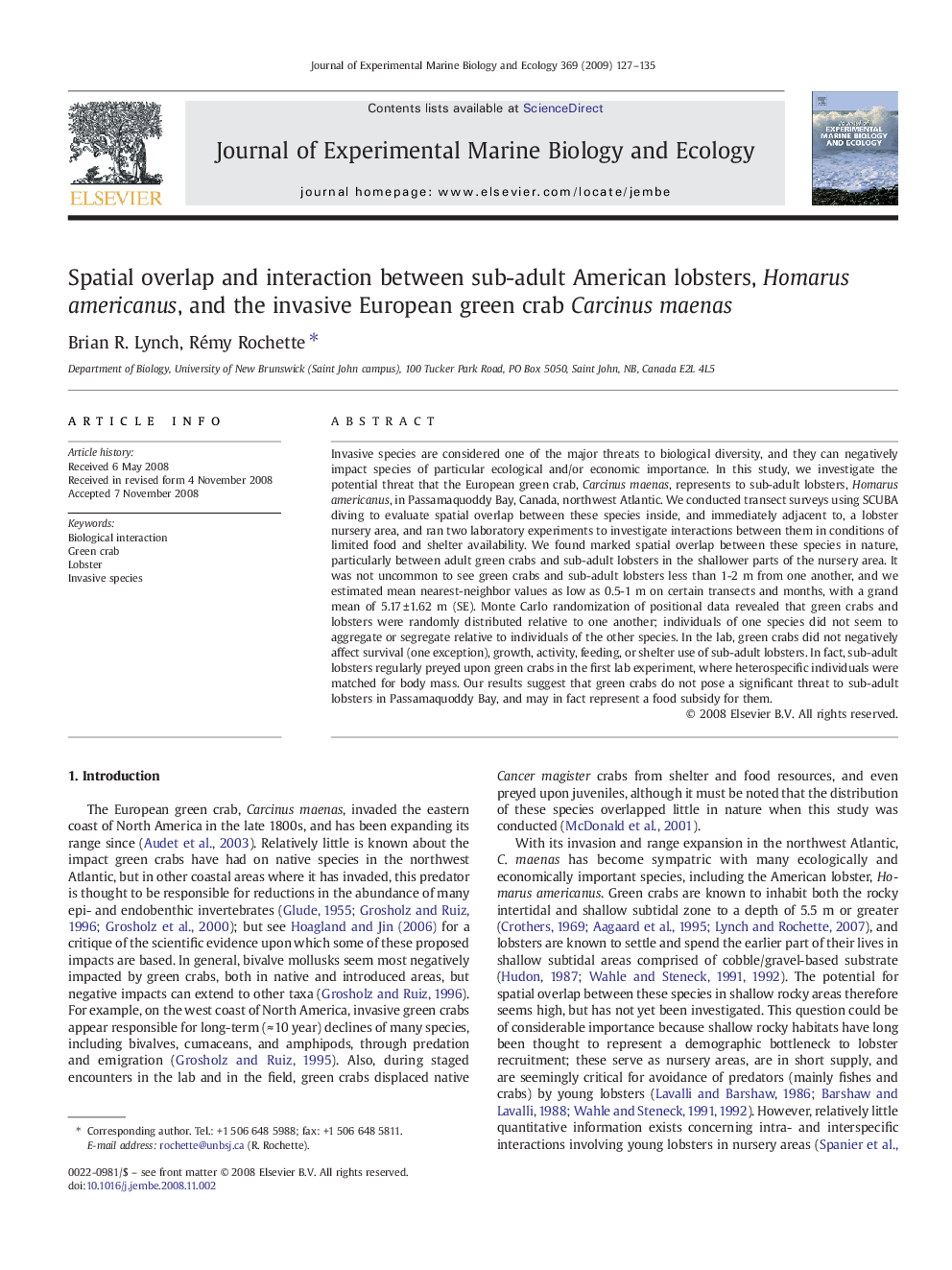 Spatial overlap and interaction between sub-adult American lobsters, Homarus americanus, and the invasive European green crab Carcinus maenas