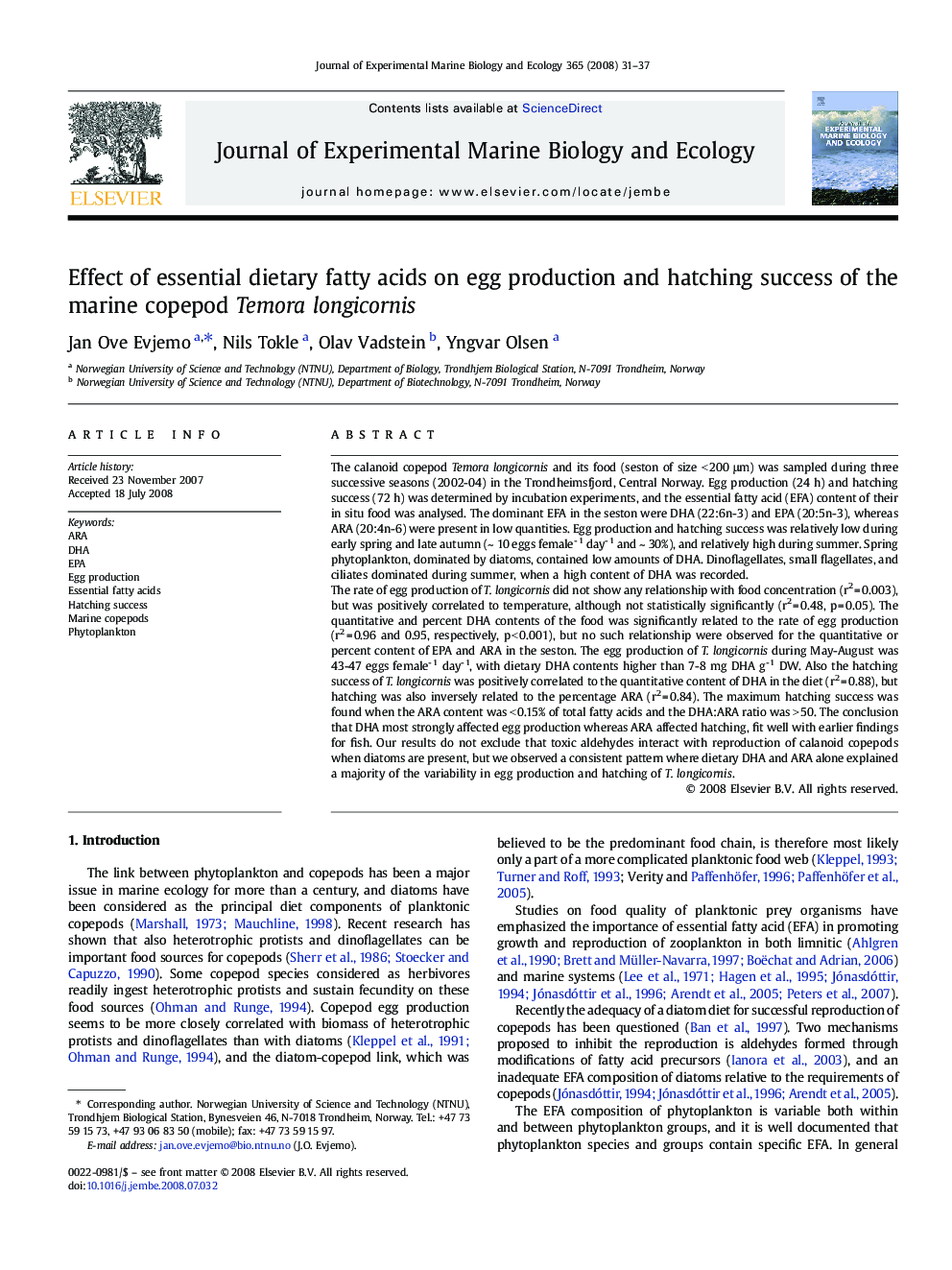 Effect of essential dietary fatty acids on egg production and hatching success of the marine copepod Temora longicornis