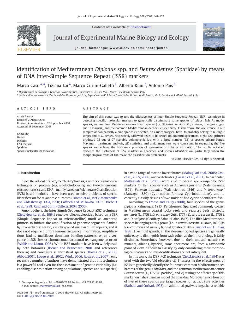 Identification of Mediterranean Diplodus spp. and Dentex dentex (Sparidae) by means of DNA Inter-Simple Sequence Repeat (ISSR) markers