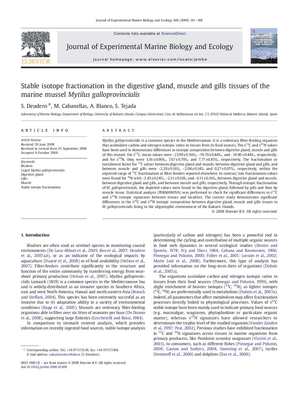 Stable isotope fractionation in the digestive gland, muscle and gills tissues of the marine mussel Mytilus galloprovincialis