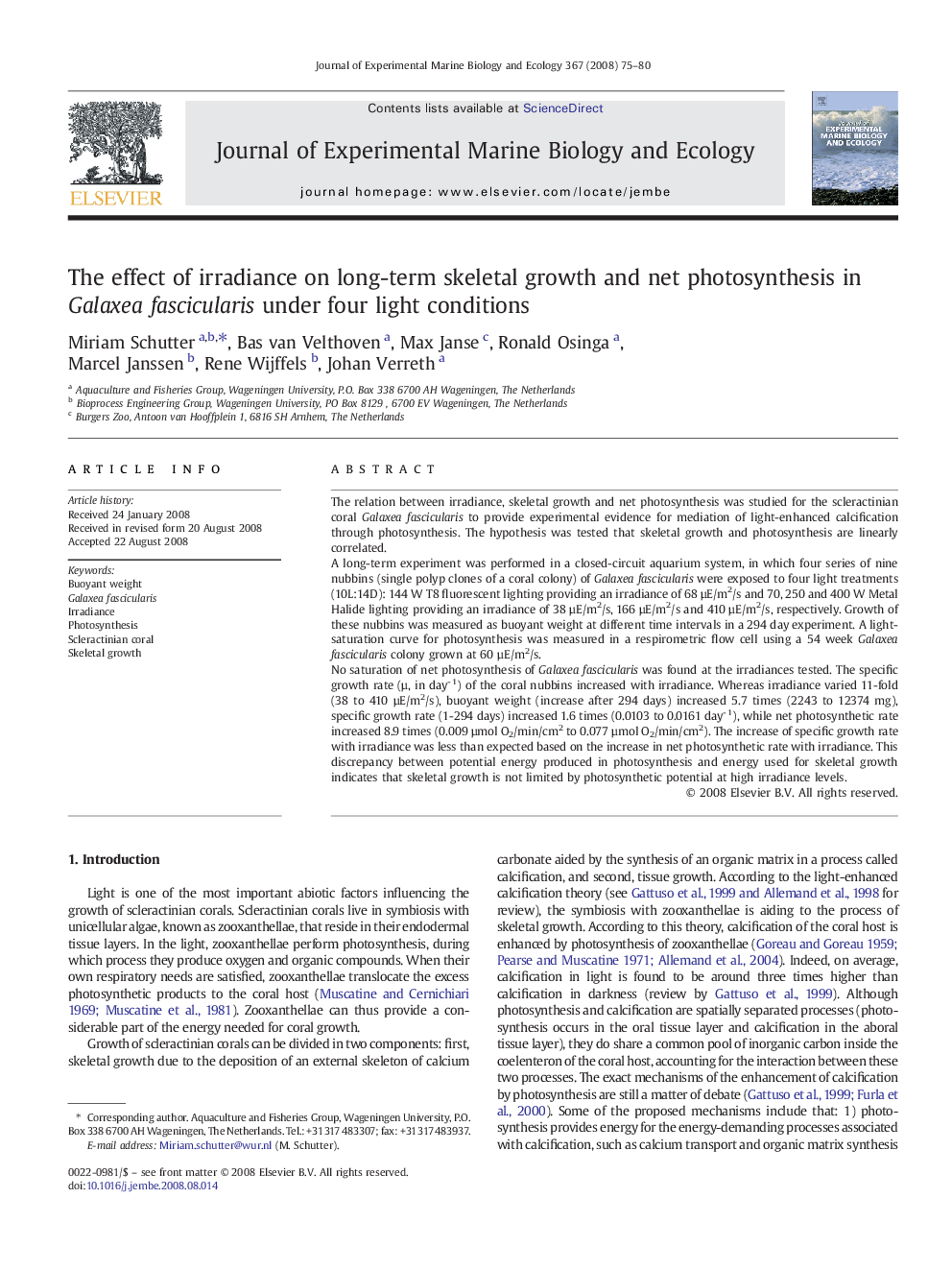 The effect of irradiance on long-term skeletal growth and net photosynthesis in Galaxea fascicularis under four light conditions