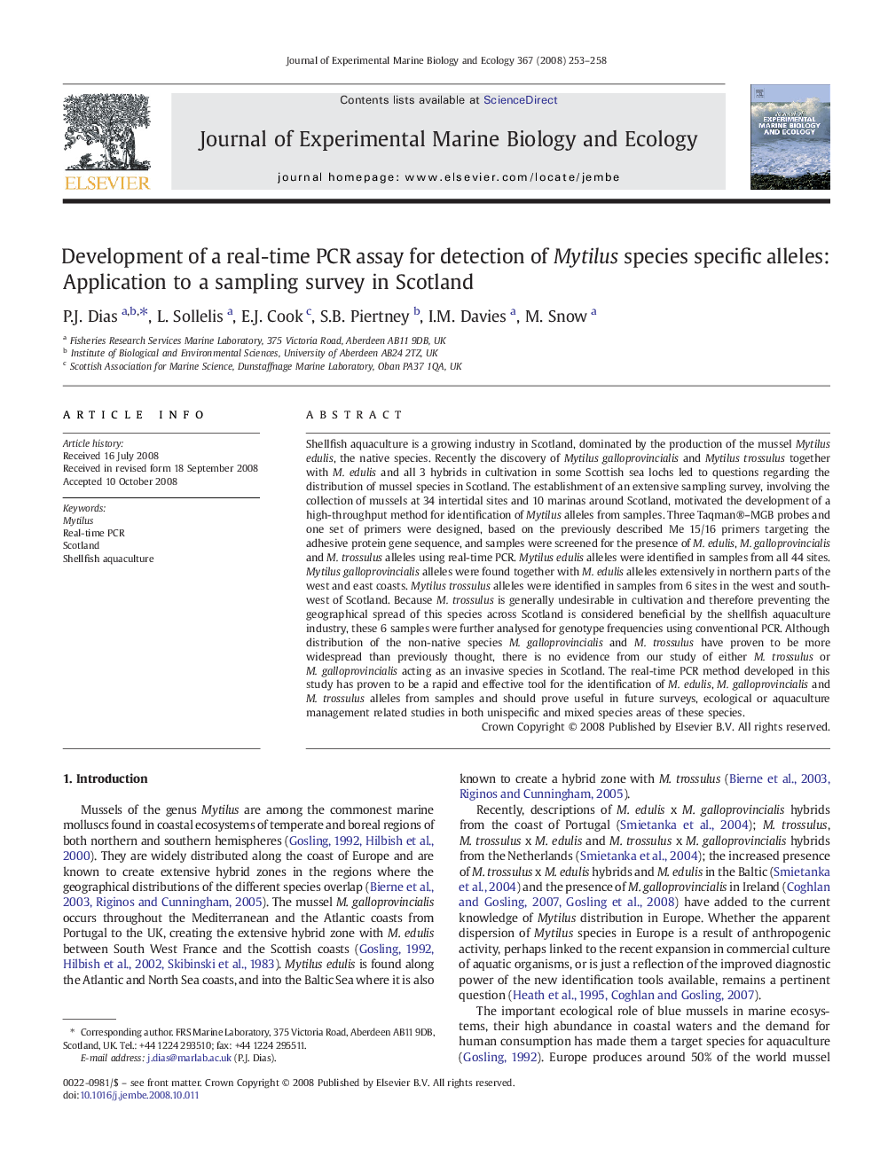 Development of a real-time PCR assay for detection of Mytilus species specific alleles: Application to a sampling survey in Scotland